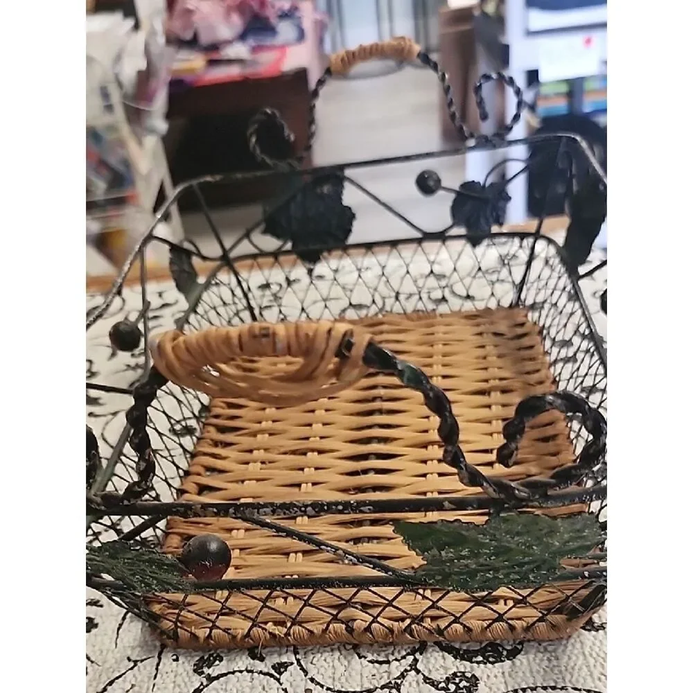 Woven Rattan & Decorative Metal Basket - Brown and Black